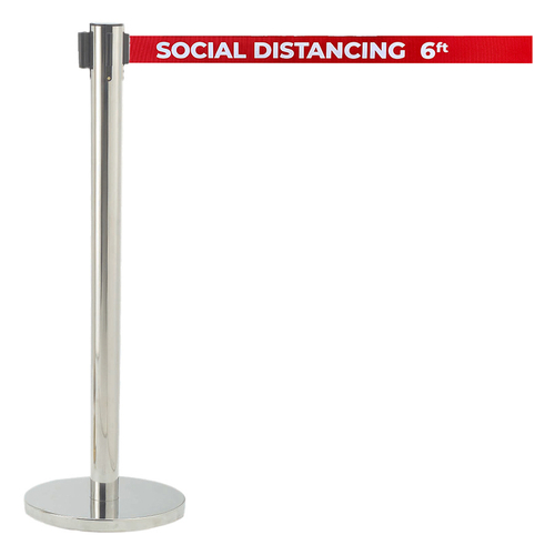 AARCO HS-7PRD 40" H Steel Post Satin Chrome Finish Form-A-Line Crowd Control System with 7' Retractable Printed Red Belt