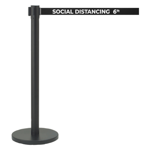 AARCO HBK-7PBK 40" H Black Steel Post Form-A-Line Crowd Control System with 7' Retractable Printed Black Belt