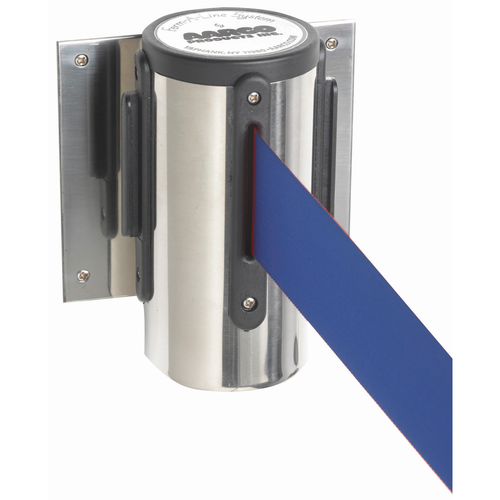 AARCO WM-7CBL 7" H Chrome Casing Wall Mounted Form-A-Line System with 7' Retractable Blue Belt