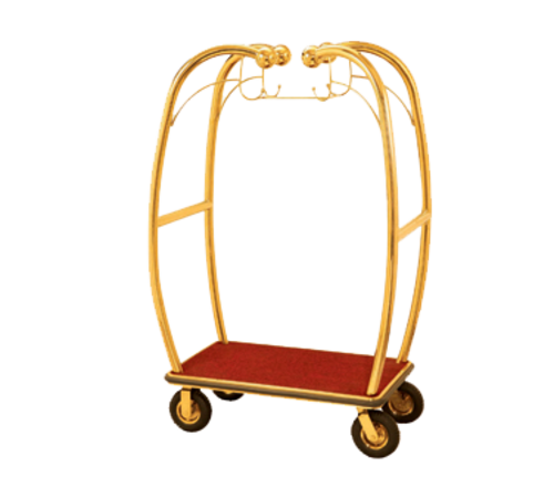 AARCO BEL-101B-4P 47.25" W x 25.5" D x 73" H Brass Frame Finish Red Deck Bellman's Cart with 8" Wheels