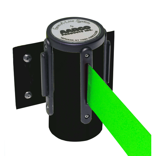 AARCO WM-10BKGR 10" H Black Casing Wall Mounted Form-A-Line System with 10' Retractable Green Belt