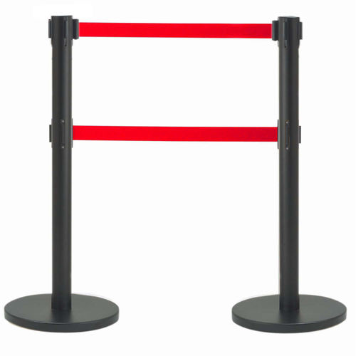 AARCO HBK-27RD 40" H Black Steel Post Form-A-Line System with 7' Dual Retractable Red Belt