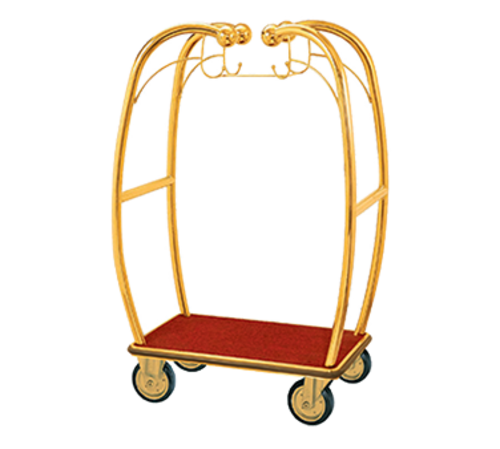 AARCO BEL-101B 47.25" W x 25.5" D x 73" H Brass Frame Finish Red Deck Bellman's Cart with 6" Wheels