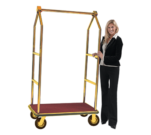 AARCO LC-2B-4P 42" W x 24" D x 72" H Brass Frame Finish Red Deck Luggage Cart with 8" Wheels