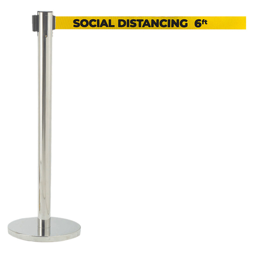 AARCO HS-7PYE 40" H Steel Post Satin Chrome Finish Form-A-Line Crowd Control System with 7' Retractable Printed Yellow Belt