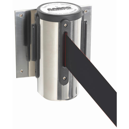 AARCO WM-10CBK 10" H Chrome Casing Wall Mounted Form-A-Line System with 10' Retractable Black Belt