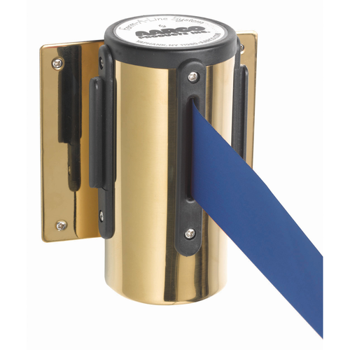 AARCO WM-10BBL 10" H Brass Wall Mounted Form-A-Line System with 10' Retractable Blue Belt