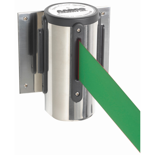 AARCO WM-7CGR 7" H Chrome Casing Wall Mounted Form-A-Line System with 7' Retractable Green Belt