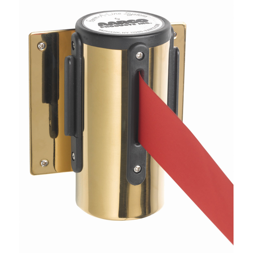 AARCO WM-7BRD 7" H Brass Wall Mounted Form-A-Line System with 7' Retractable Red Belt