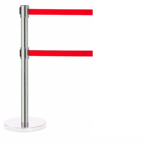 AARCO HS-27RD 40" H Steel Post Polished Satin Finish Form-A-Line System with 7' Dual Retractable Red Belt