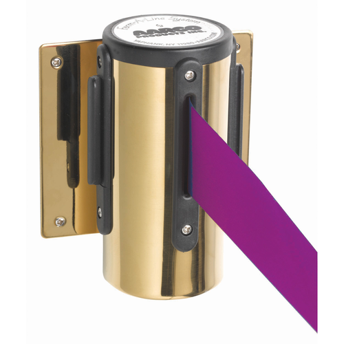 AARCO WM-7BPU 7" H Brass Wall Mounted Form-A-Line System with 7' Retractable Purple Belt
