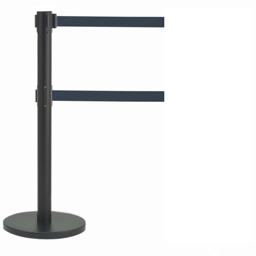 AARCO HBK-27BK 40" H Black Steel Post Form-A-Line System with 7' Dual Retractable Black Belt