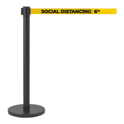 AARCO HBK-7PYE 40" H Black Steel Post Form-A-Line Crowd Control System with 7' Retractable Printed Yellow Belt