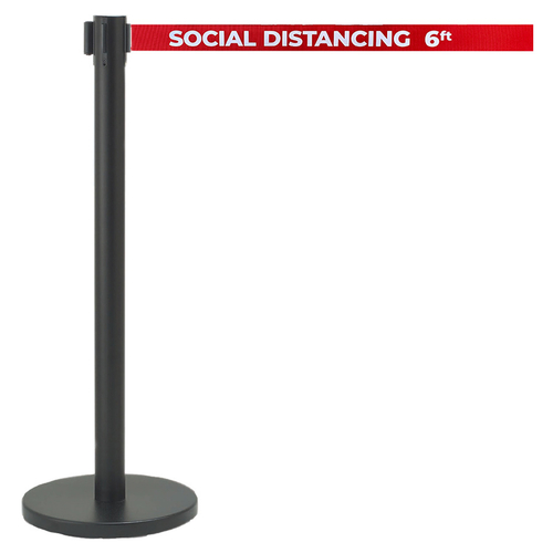 AARCO HBK-7PRD 40" H Black Steel Post Form-A-Line Crowd Control System with 7' Retractable Printed Red Belt