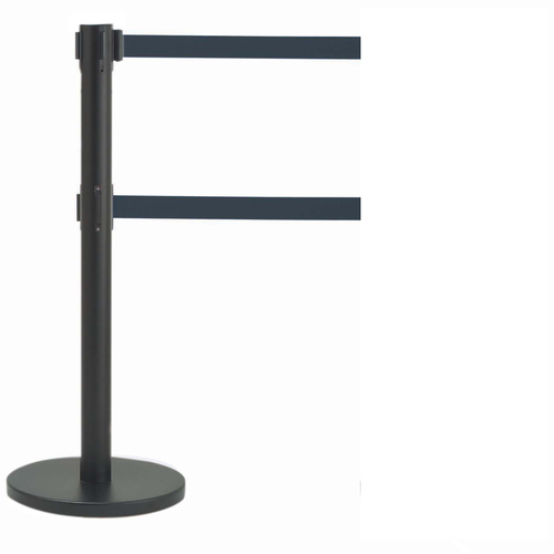 AARCO HBK-27BL 40" H Black Steel Post Form-A-Line System with 7' Dual Retractable Blue Belt