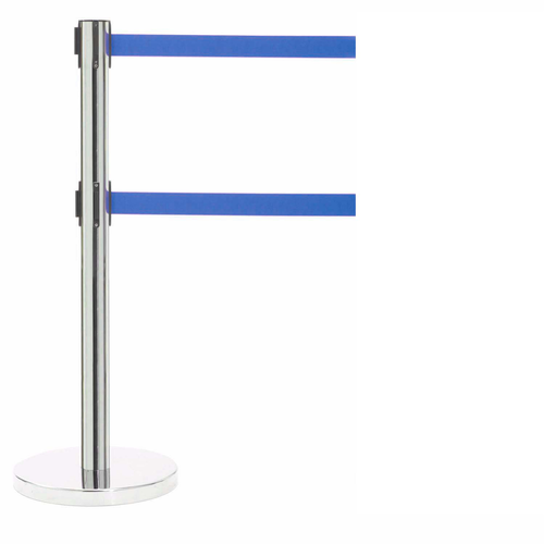 AARCO HS-27BL 40" H Steel Post Polished Satin Finish Form-A-Line System with 7' Dual Retractable Blue Belt