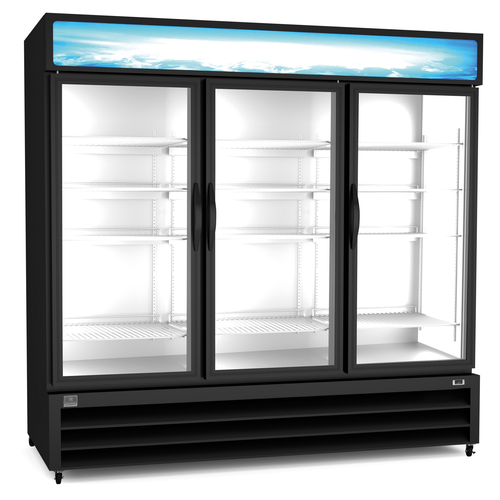 Kelvinator KCHGM72F 81" W Black Painted Steel and Galvanized Three-Section Hinged Glass Doors with LED Light Reach-in Freezer Merchandiser - 220 Volts