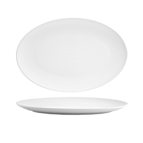 FOH DOS028WHP21 13" W x 9" D Oval Porcelain Coupe Spiral Plate (4 Each Per Case)