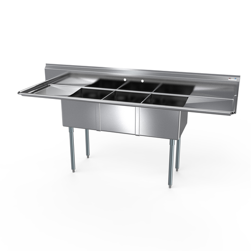 NBR Equipment 3SG-182414LR24 102" W Stainless Steel 18 Gauge with Left and Right-Hand Drainboards Three-Compartment Economy Sink