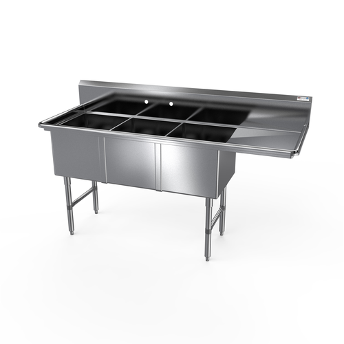NBR Equipment 3SS-242414R18 94.06" W Stainless Steel 16 Gauge with Right-Hand Drainboard Three-Compartment Premium Sink