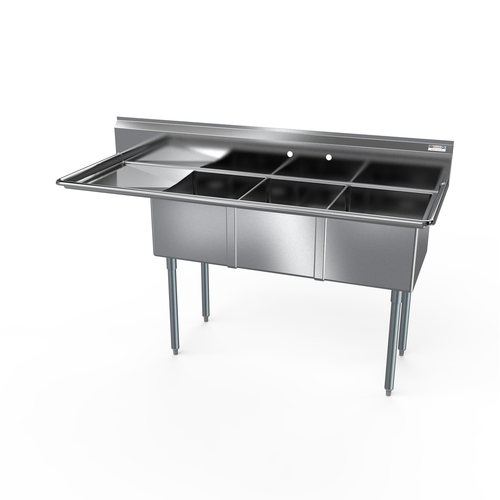 NBR Equipment 3SG-101410L15 47.5" W Stainless Steel 18 Gauge with Left-Hand Drainboard Three-Compartment Economy Sink
