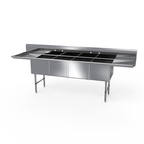 NBR Equipment 4SS-182414LR18 111.25" W Stainless Steel 16 Gauge with Left and Right-Hand Drainboard Four-Compartment Premium Sink
