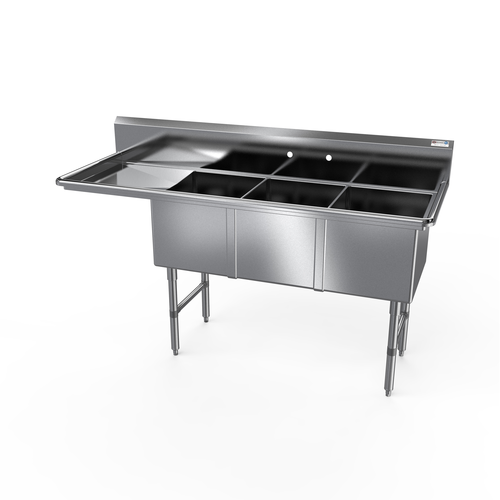 NBR Equipment 3SS-242414L18 94.06" W Stainless Steel 16 Gauge with Left-Hand Drainboard Three-Compartment Premium Sink