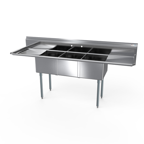 NBR Equipment 3SG-181814LR18 90" W Stainless Steel 18 Gauge with Left and Right-Hand Drainboards Three-Compartment Economy Sink