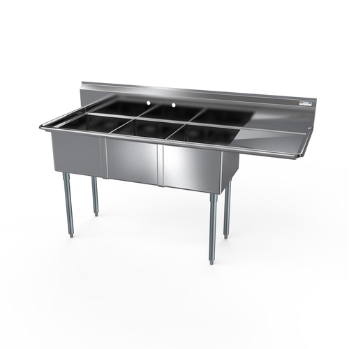 NBR Equipment 3SG-182414R24 80.5" W Stainless Steel 18 Gauge with Right-Hand Drainboard Three-Compartment Economy Sink