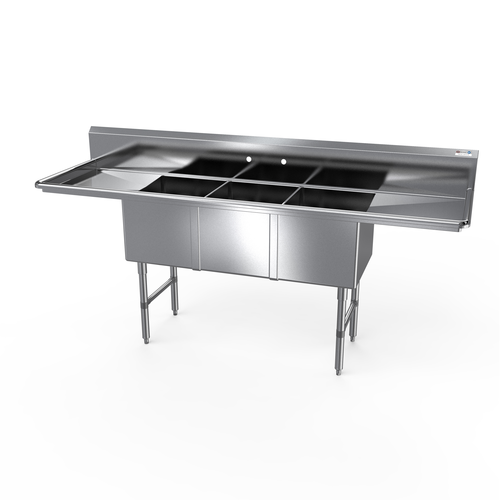 NBR Equipment 3SS-203014LR30 123.25" W Stainless Steel 16 Gauge with Left and Right-Hand Drainboards Three-Compartment Premium Sink