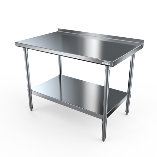NBR Equipment TS-8424R 84" W x 24" D x 37.25" H Stainless Steel Top with 1.5" H Rear Up-Turn Adjustable Undershelf Adjustable Gussets Premium Work Table