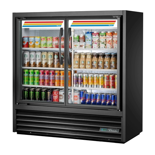 True TVM-48SL-48-HC~VM01 White Interior Black Powder Coated Exterior 2 Glass Hinged Doors Slim Line Visual Refrigerated Merchandiser - 115 Volts