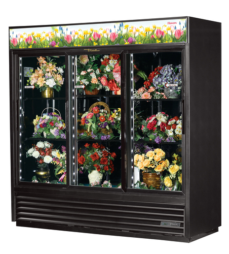 True GDM-69FC-HC-LD 78.12" W Black with Stainless Steel Floor Three-Section Floral Merchandiser - 115 Volts