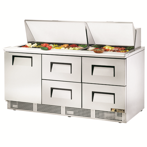 True TFP-72-30M-D-4 72.13" W Three-Section Rear Mounted Self-Contained Refrigeration Sandwich/Salad Unit - 115 Volts