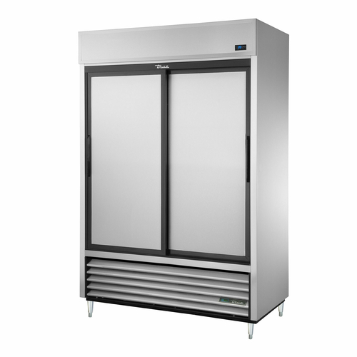 True TSD-47-HC 2 Stainless Steel Sliding Doors 6 PVC Coated Adjustable Wire Shelves LED Interior Lightning Reach-In Refrigerator - 115 Volts