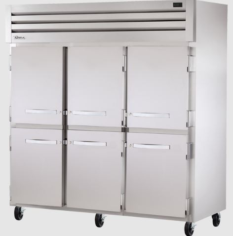 True STR3F-6HS-HC SPEC SERIES 77.75" W Stainless Steel 3-Section 6 Half-Hinged Solid Doors Reach-In Freezer - 115 Volts