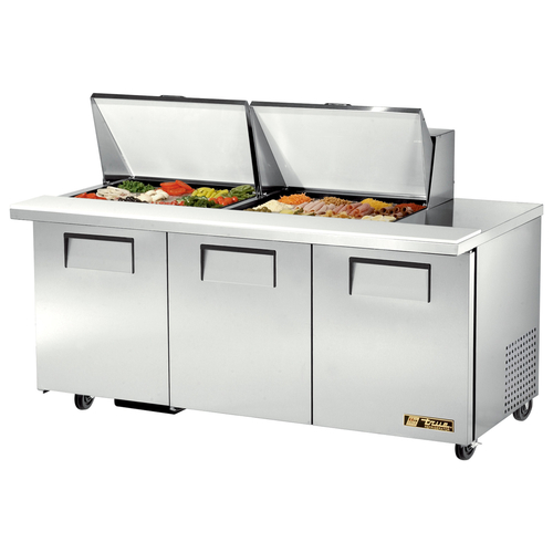 True TSSU-72-24M-B-ST-HC 72.38"W 3 Door Mega Top Sandwich/Salad Unit - 115 Volts