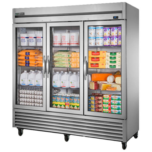 True T-72G-HC~FGD01 3 Glass Doors 9 PVC Coated Adjustable Wire Shelves LED Interior Lightning Reach-In Refrigerator - 115 Volts