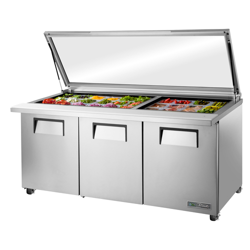True TSSU-72-30M-B-ST-FGLID-HC 72.38"W 3 Door Mega Top Sandwich/Salad Unit - 115 Volts