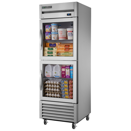 True T-23G-2-HC~FGD01 2 Glass Half Doors 3 PVC Coated Adjustable Wire Shelves LED Interior Lightning Reach-In Refrigerator - 115 Volts