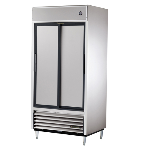 True TSD-33-HC 2 Stainless Steel Sliding Doors 6 PVC Coated Adjustable Wire Shelves LED Interior Lightning Reach-In Refrigerator - 115 Volts