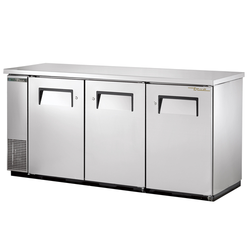True TBB-24-72-S-HC 73.13" W Stainless Steel Three-Section Solid Doors Back Bar Cooler - 115 Volts