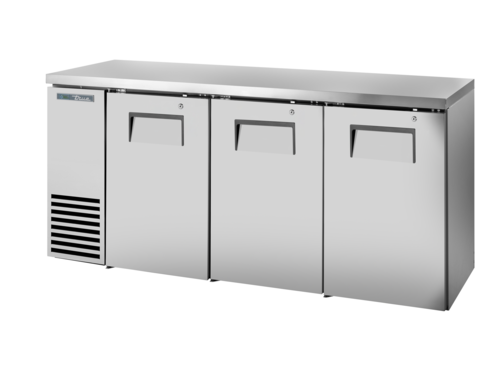 True TBB24-72-3S-Z1-SFT-S-1 73.13" W Stainless Steel Three-Section Solid Doors Back Bar Cooler - 115 Volts