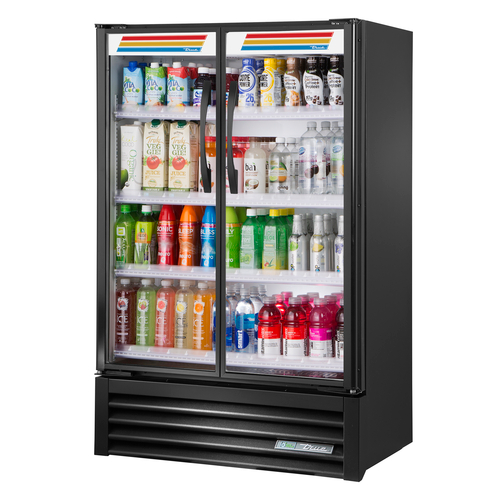 True TVM-36SL-HC~VM03 White Interior Black Powder Coated Exterior 2 Glass Hinged Doors Slim Line Visual Refrigerated Merchandiser - 115 Volts