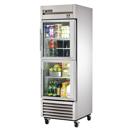 True TS-23G-2-HC~FGD01 2 Glass Half Doors 3 Gray PVC Coated Adjustable Wire Shelves LED Interior Lightning Reach-In Refrigerator - 115 Volts