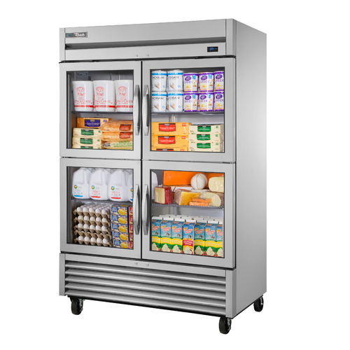 True TS-49G-4-HC~FGD01 4 Glass Half Doors 6 Gray PVC Coated Adjustable Wire Shelves LED Interior Lightning Reach-In Refrigerator - 115 Volts
