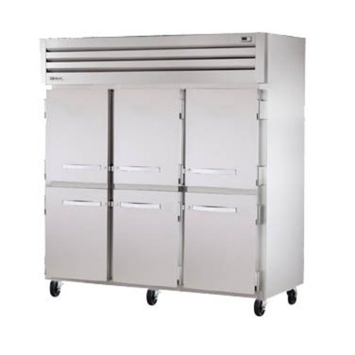 True STG3F-6HS-HC SPEC SERIES 77.75" W Stainless Steel 6 Half Doors with 9 Gray Shelves Reach-In Freezer - 208/230 Volts