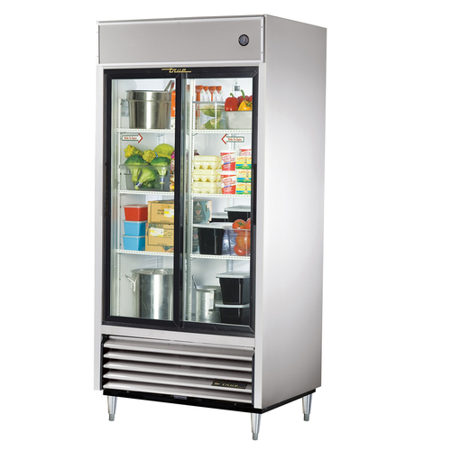 True TSD-33G-HC-LD 2 Glass Sliding Doors 6 PVC Coated Adjustable Wire Shelves LED Interior Lights Reach-In Refrigerator - 115 Volts