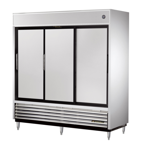 True TSD-69-HC 3 Stainless Steel Sliding Doors 9 PVC Coated Adjustable Wire Shelves Interior Lightning Reach-In Refrigerator - 115 Volts