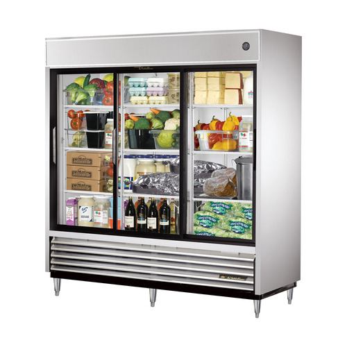 True TSD-69G-HC-LD 3 Glass Sliding Doors 9 PVC Coated Adjustable Wire Shelves LED Interior Lightning Reach-In Refrigerator - 115 Volts
